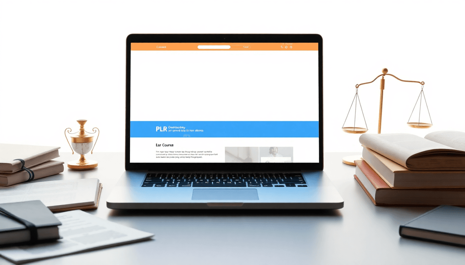 A minimalist setup featuring a laptop with a bright digital course interface, surrounded by books and notes, alongside legal symbols like scales, all in an invi