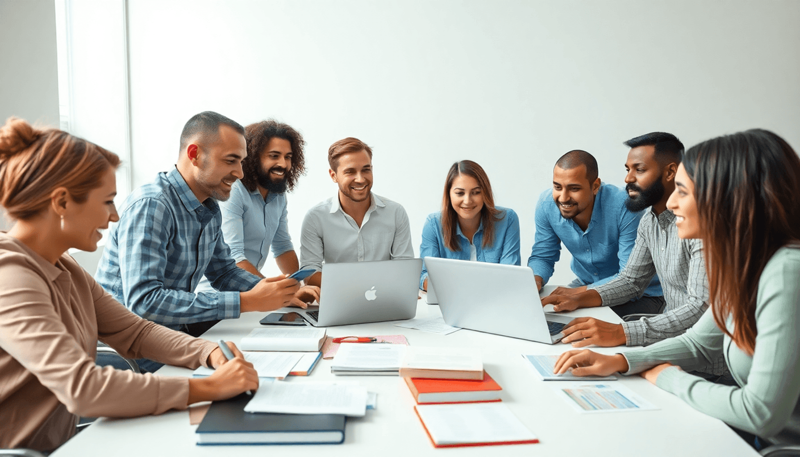 A diverse group of entrepreneurs collaborating around a table with laptops and notes, in a bright, minimalist setting that conveys creativity and productivity.