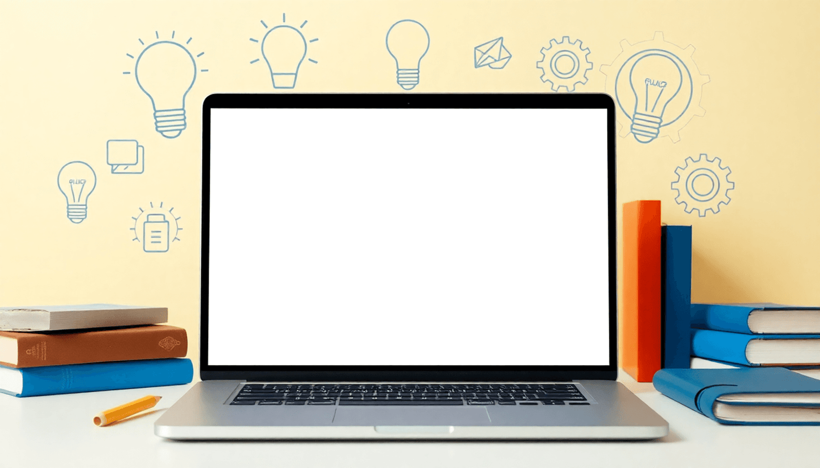 A laptop showing an online course interface, surrounded by books and notes, with bright symbols of digital education like a light bulb and gears in a minimalist