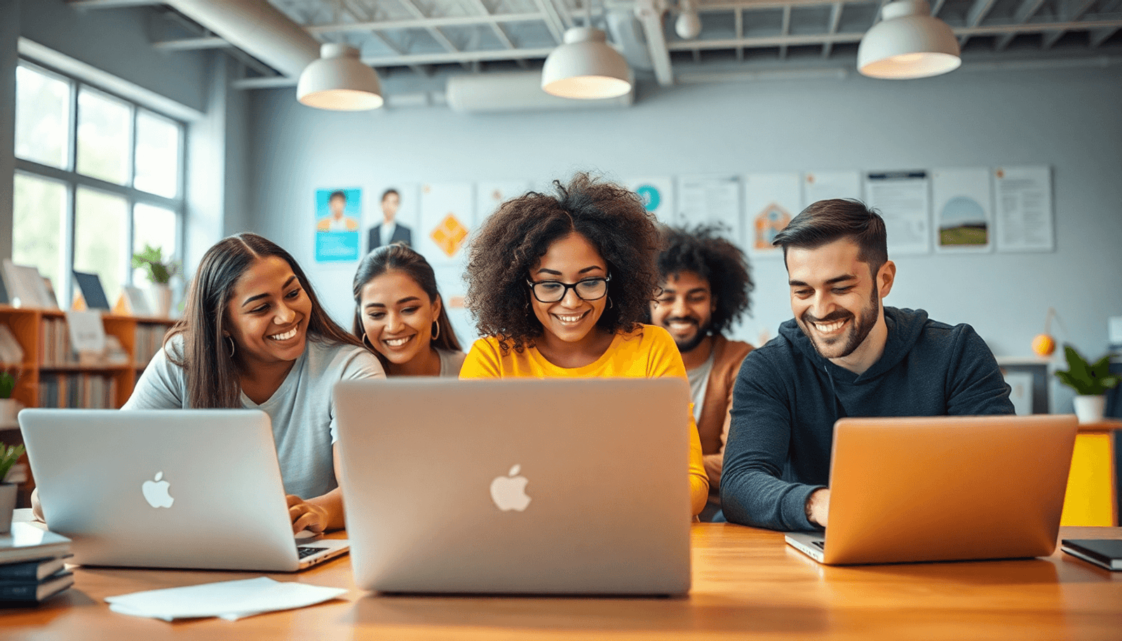 A diverse group of people collaborating on laptops in a bright, modern workspace, surrounded by educational materials and technology, showcasing innovation and