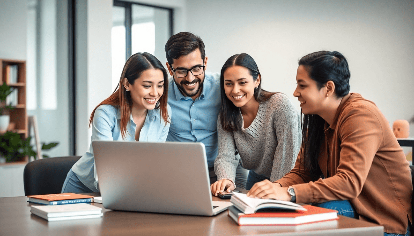 A diverse group of individuals collaborating around a laptop in a modern workspace, surrounded by books and notes, brainstorming ideas for an online course.