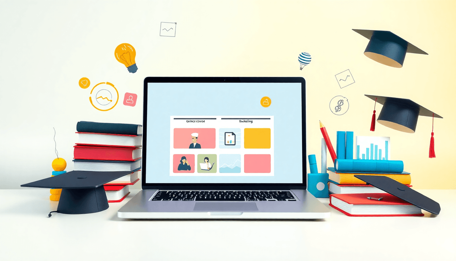 A minimalist image of a laptop showing online course materials, surrounded by books, a lightbulb, a graduation cap, and digital marketing symbols like graphs an