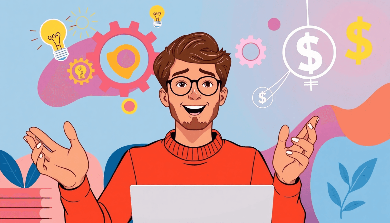 A vibrant illustration of a person confidently sharing expertise in a digital environment, surrounded by symbols of knowledge like lightbulbs and gears, suggest