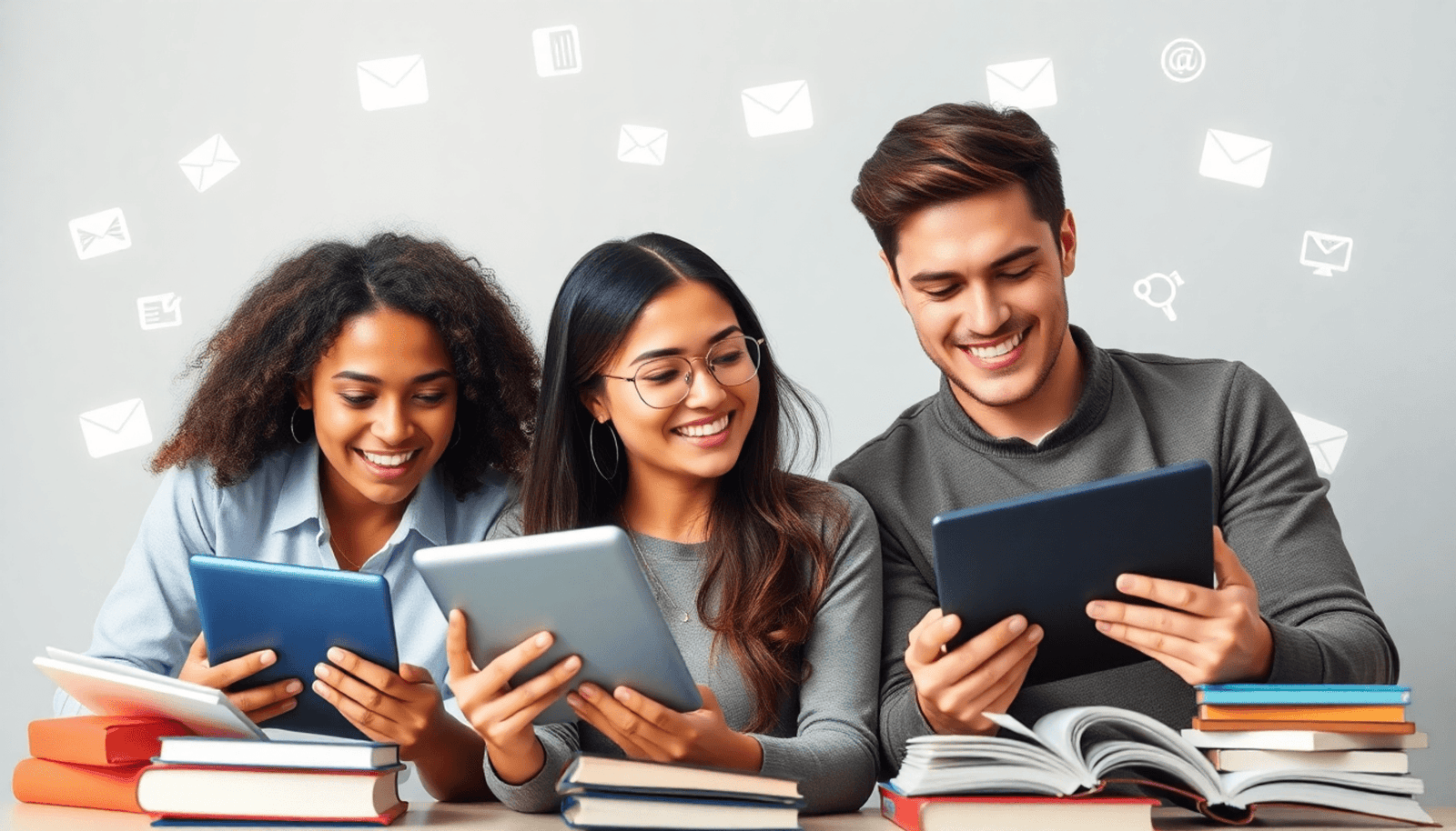 A diverse group of people engaging with digital devices, surrounded by books and online course icons, set against a backdrop symbolizing innovation in online ed