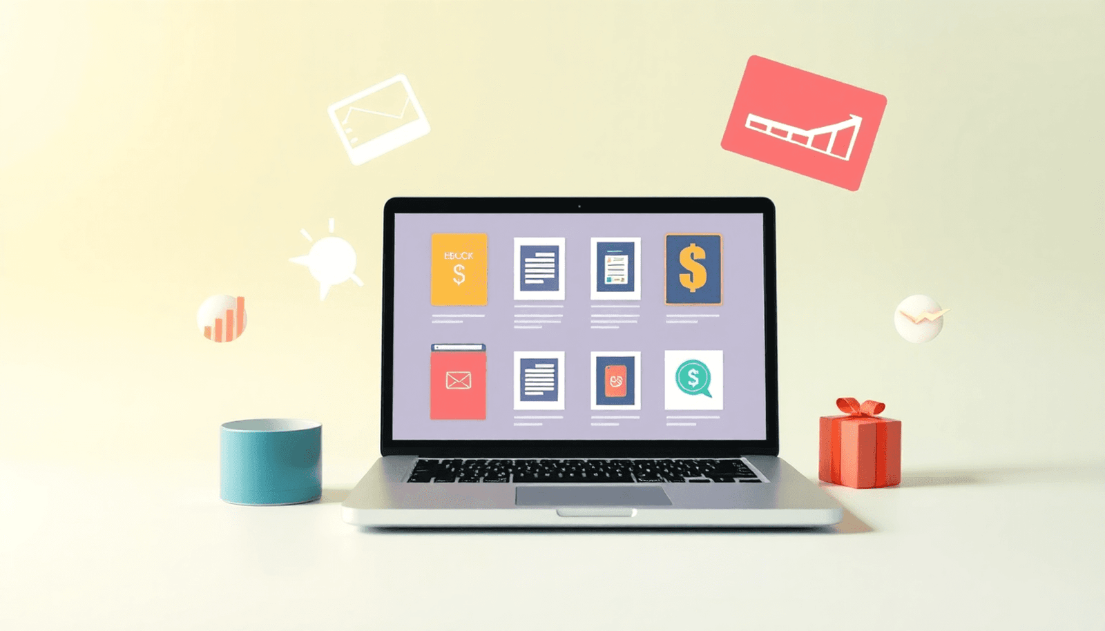A laptop displaying ebooks and online courses, surrounded by marketing symbols like graphs and dollar signs, set against a bright, inviting background.