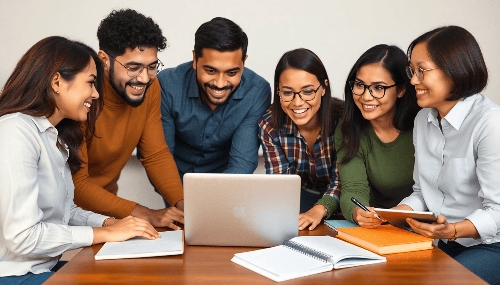 A diverse group of people collaborating around a laptop, surrounded by books and notebooks, showcasing teamwork and innovation in online learning. Minimalist st