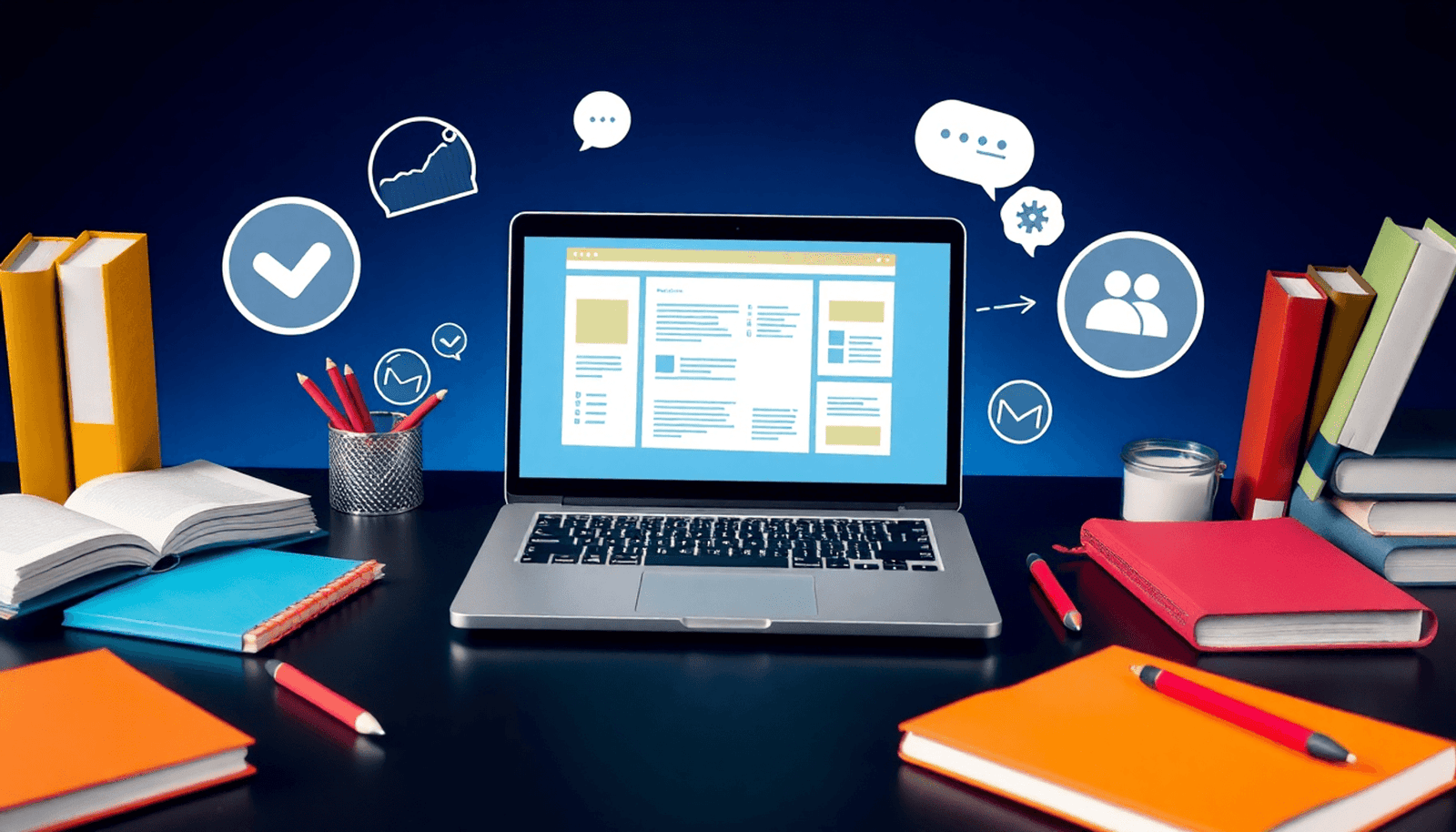 A laptop on a desk surrounded by books and notebooks, displaying a digital course interface, with icons for collaboration, all in a minimalist and inviting styl