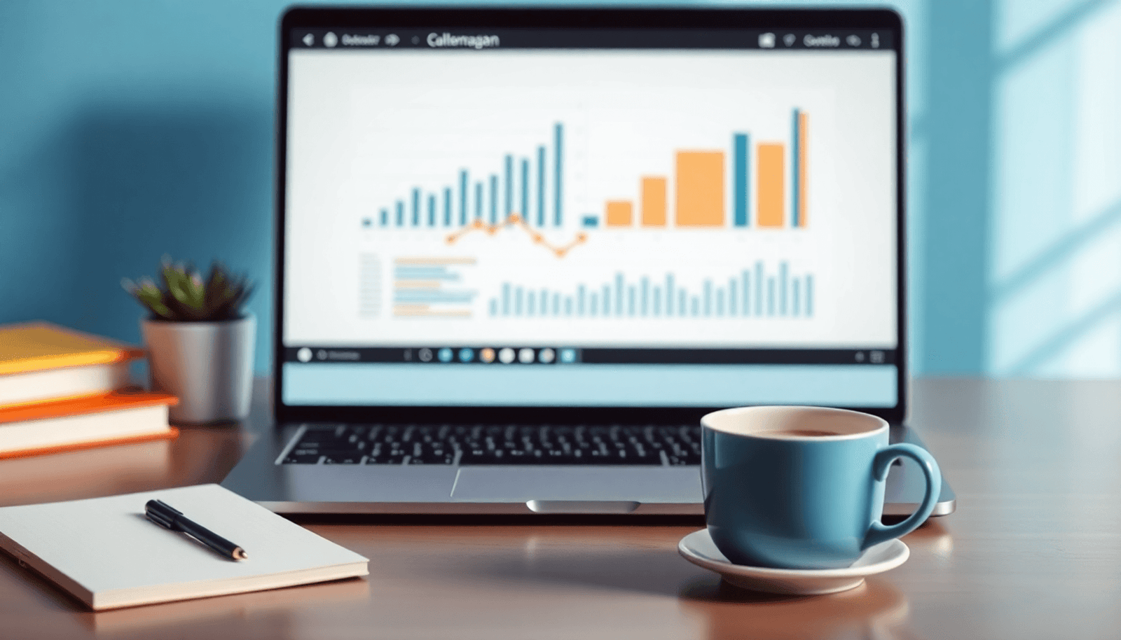 A bright digital workspace with a laptop displaying graphs, a notepad, and a coffee cup, emphasizing online entrepreneurship and business growth in a minimalist