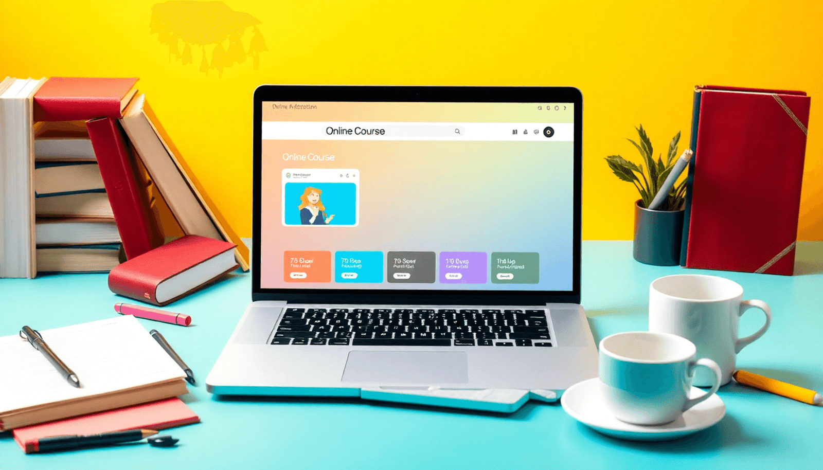 A laptop displaying an online course platform, surrounded by books, a notepad, and a coffee cup, set against a bright, inviting background.