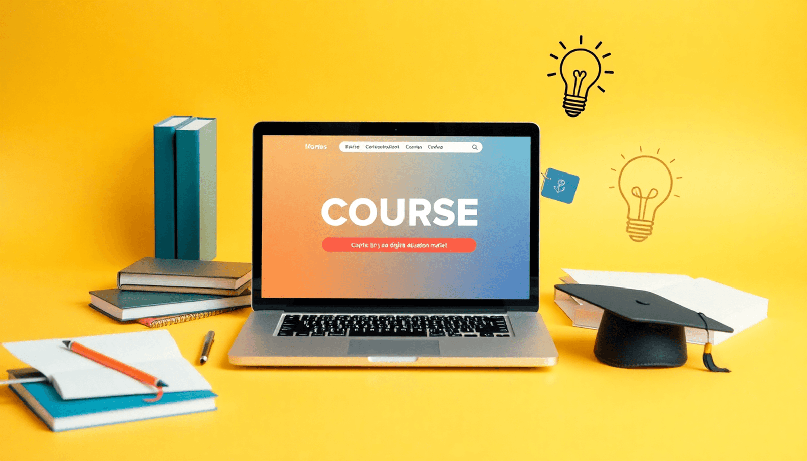 A laptop showing a digital course platform, surrounded by books and notes, with a graduation cap and lightbulb, set against a bright, inviting background.