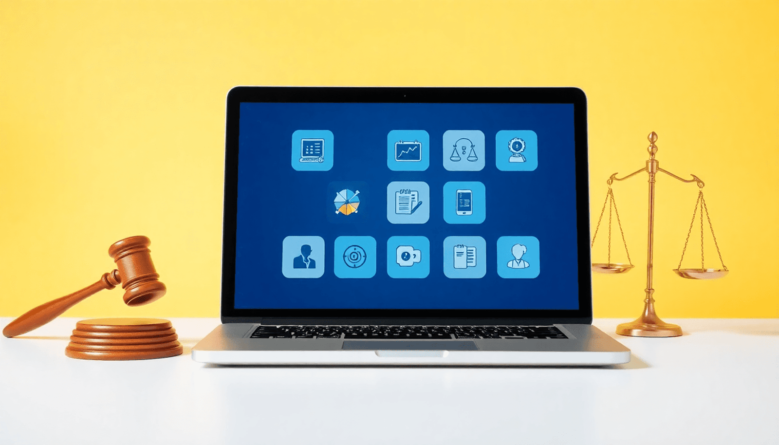 A laptop displaying online course icons on its screen, surrounded by a gavel and scales of justice, set against a bright, inviting minimalist background.