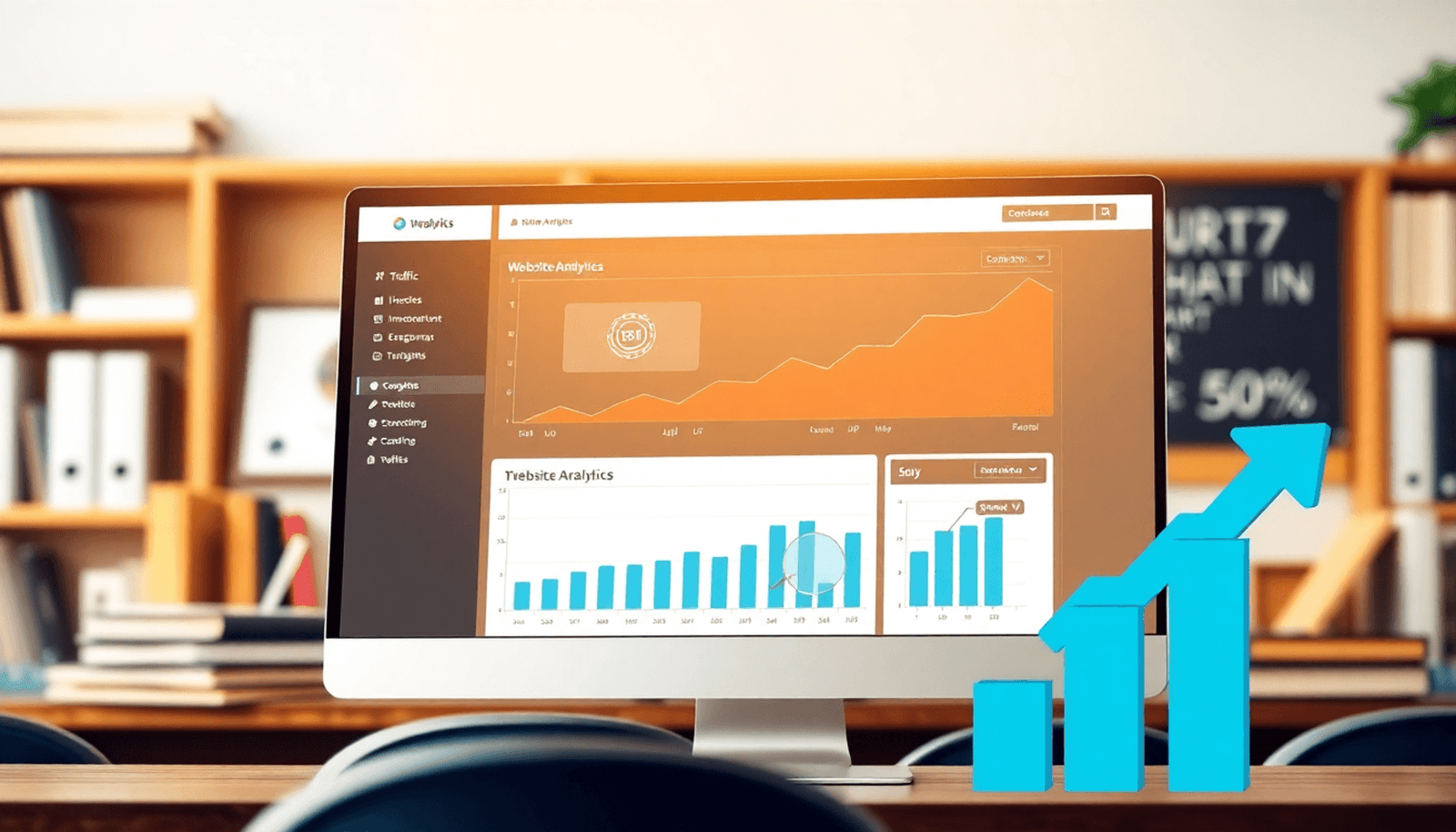 A computer screen shows a website analytics dashboard with graphs and charts indicating growth, surrounded by educational elements like books and classroom deco