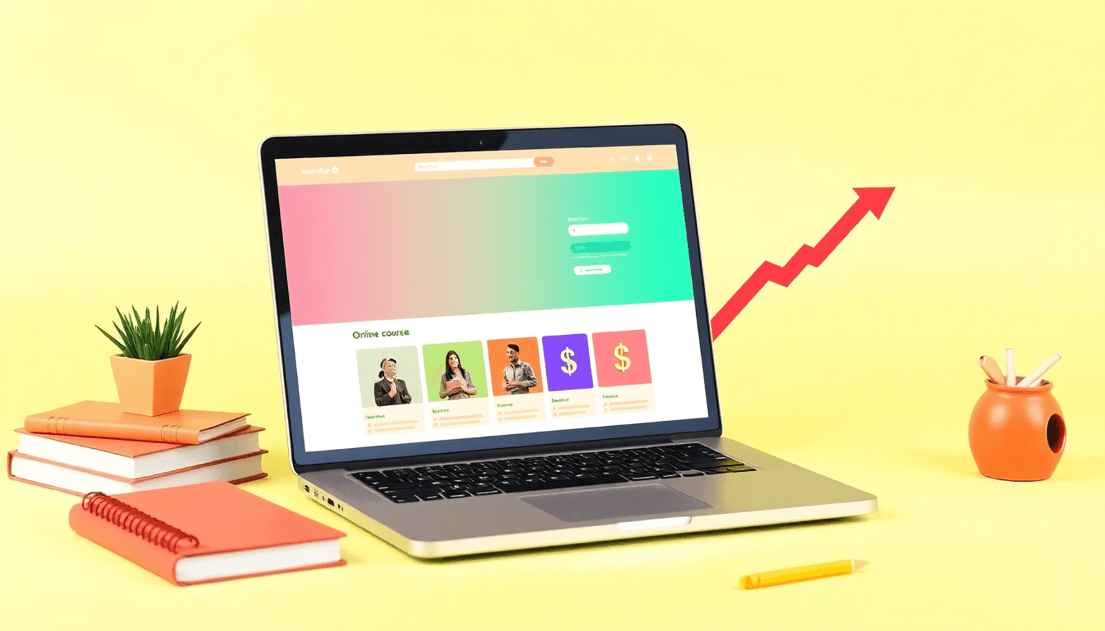 A minimalist image of an open laptop on a desk, displaying an online course platform, surrounded by books and notepads, with symbols of success like dollar sign