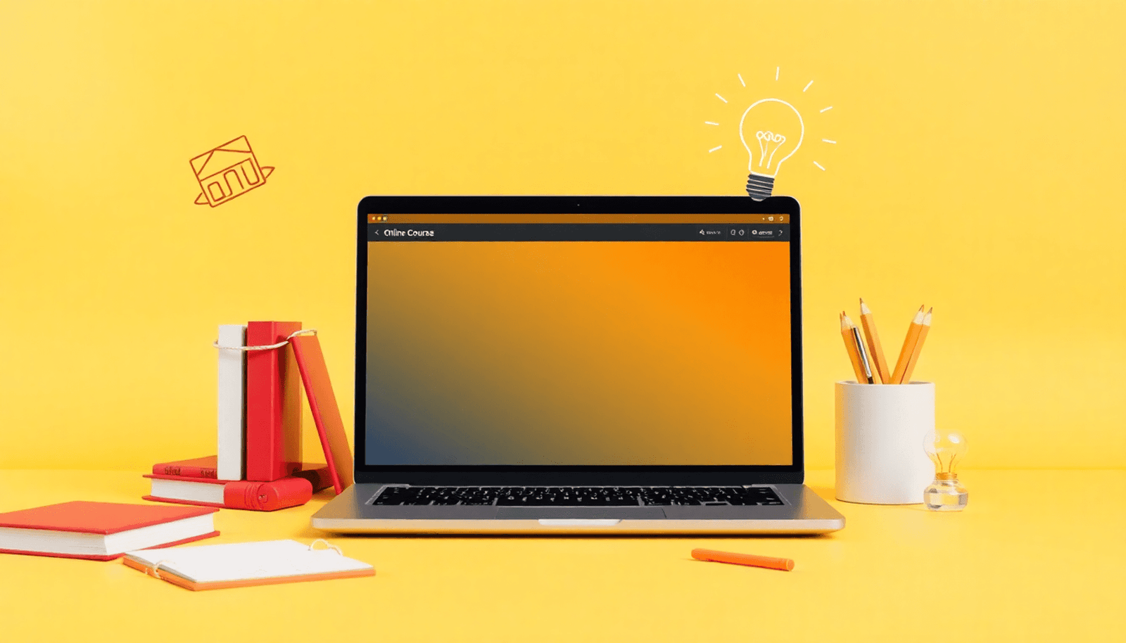 A laptop showing an online course platform, surrounded by books, a notepad, and a lightbulb, set against a bright, inviting background in a minimalist style.