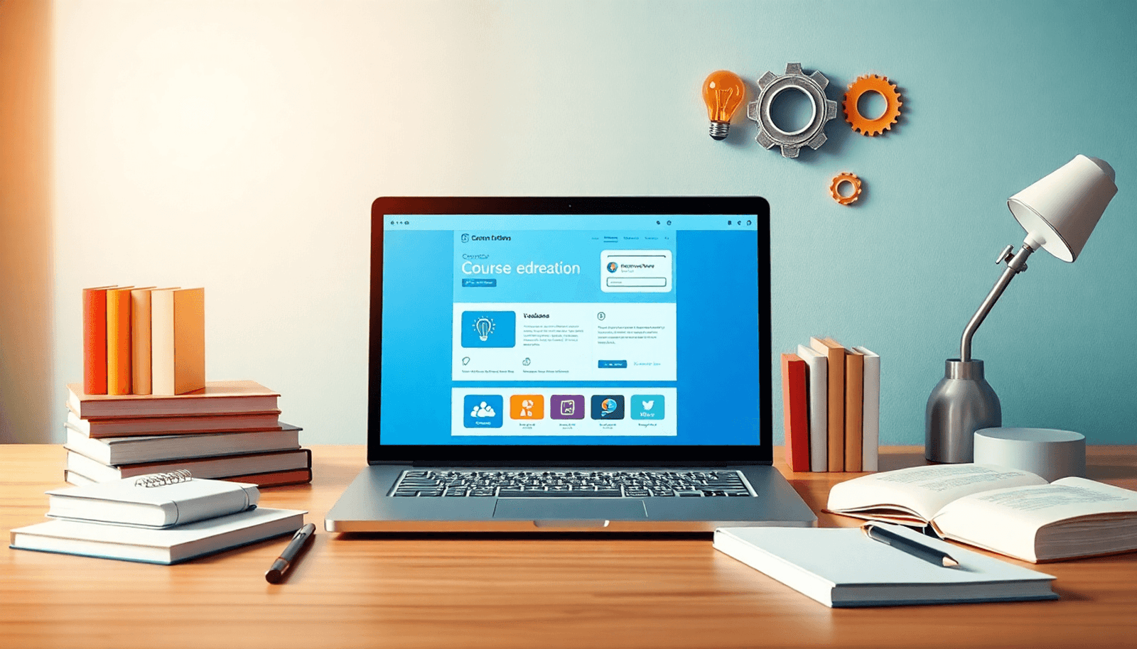 A bright, minimalist workspace with a laptop displaying a course creation interface, surrounded by books and notepads, featuring a light bulb and gears as symbo