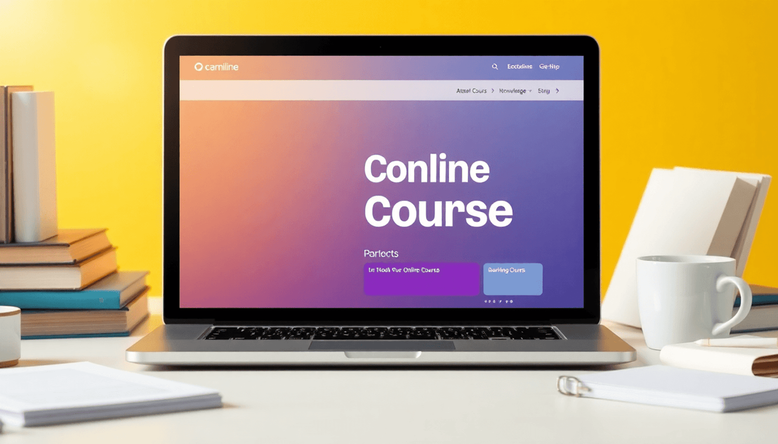 A laptop showing an online course platform, surrounded by books, notes, a coffee cup, and a notepad in a bright, minimalist workspace.