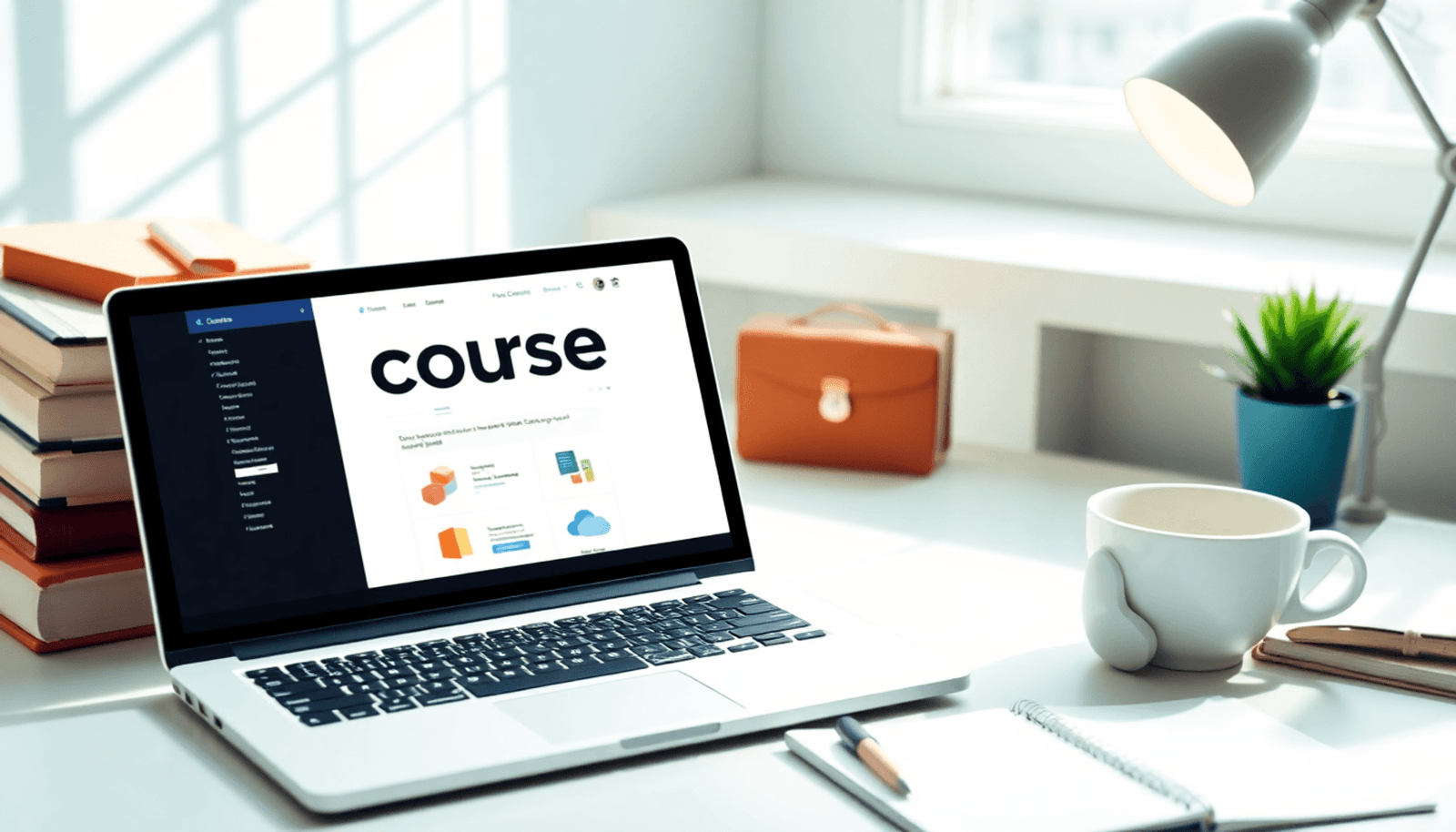 A laptop on a desk displays online course platforms, surrounded by textbooks, a notepad, and a coffee cup, creating a bright and inviting learning environment.