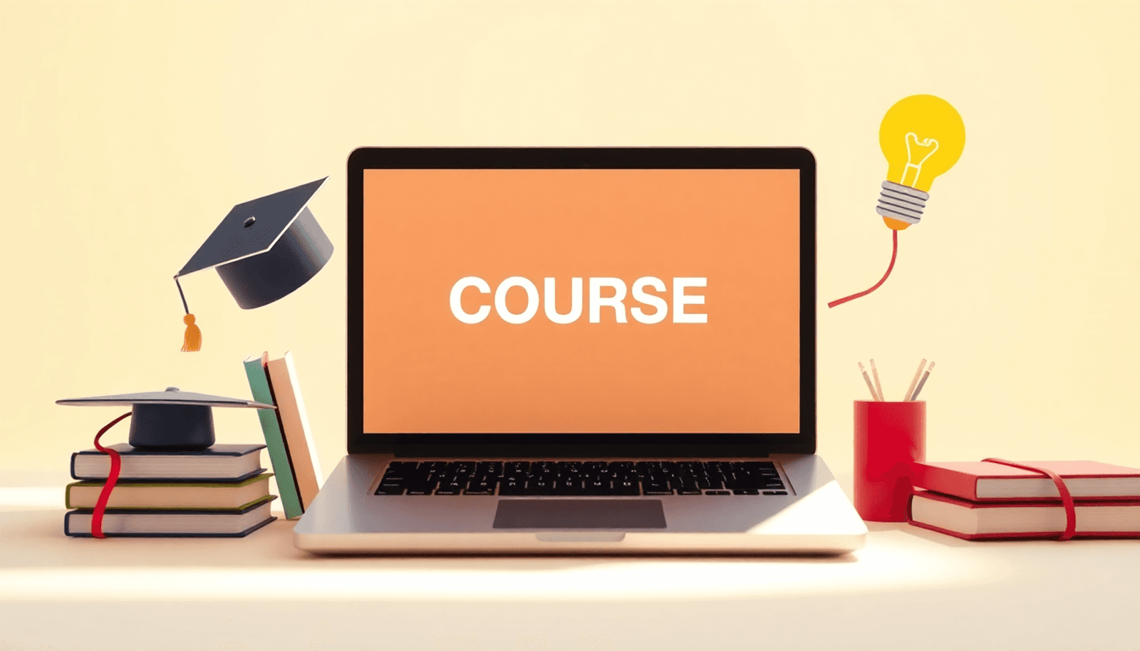 A laptop displaying online course materials, surrounded by books, a graduation cap, and a light bulb, set against a bright, inviting background.