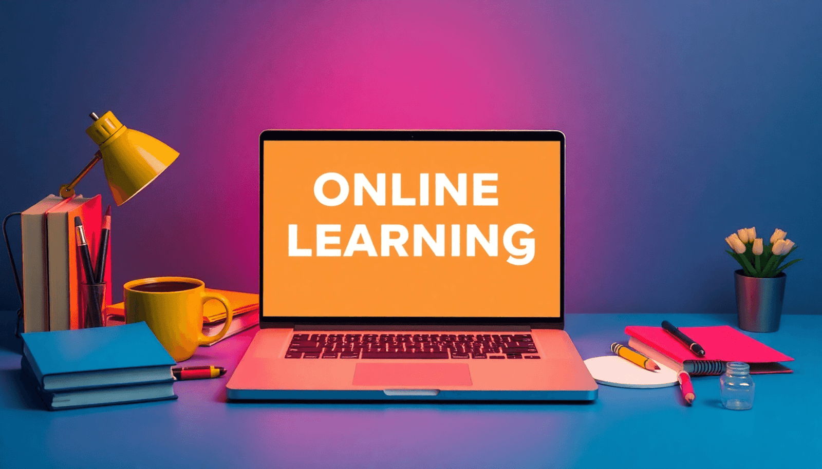 A laptop on a desk surrounded by colorful books, stationery, a coffee cup, and a notepad, creating a vibrant and productive online learning environment.