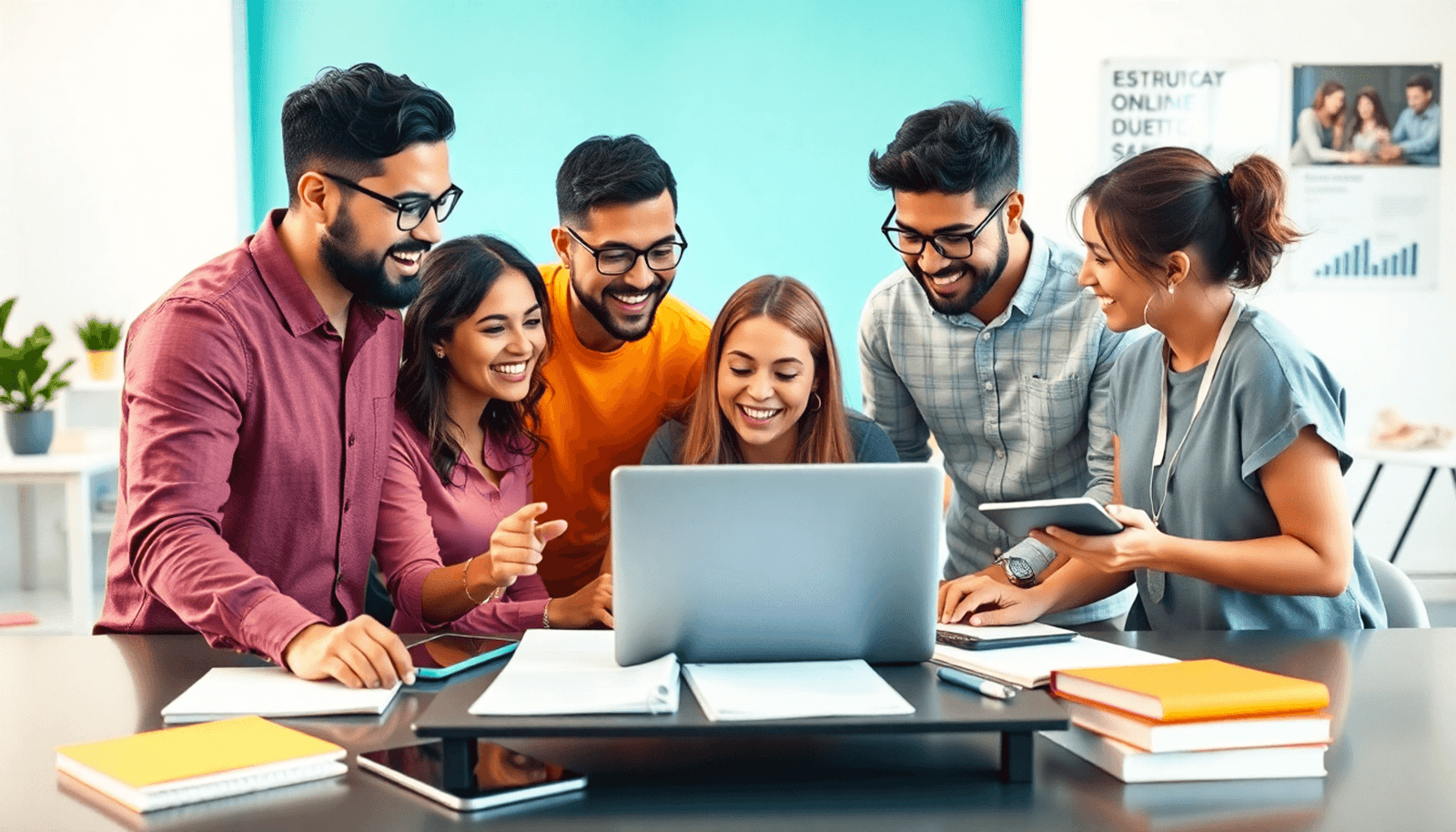 A diverse group of people gathered around a laptop, enthusiastically discussing ideas in a bright, modern workspace filled with notebooks and digital devices.