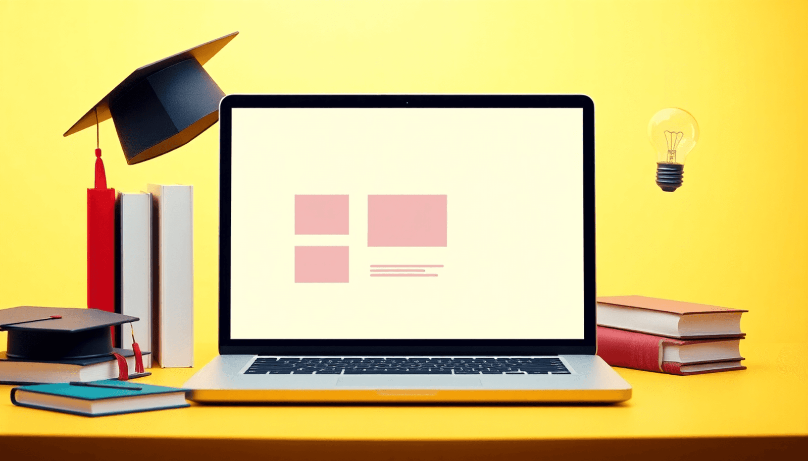 A laptop showing an online course platform, surrounded by books, a graduation cap, and a light bulb, set against a bright, inviting minimalist background.