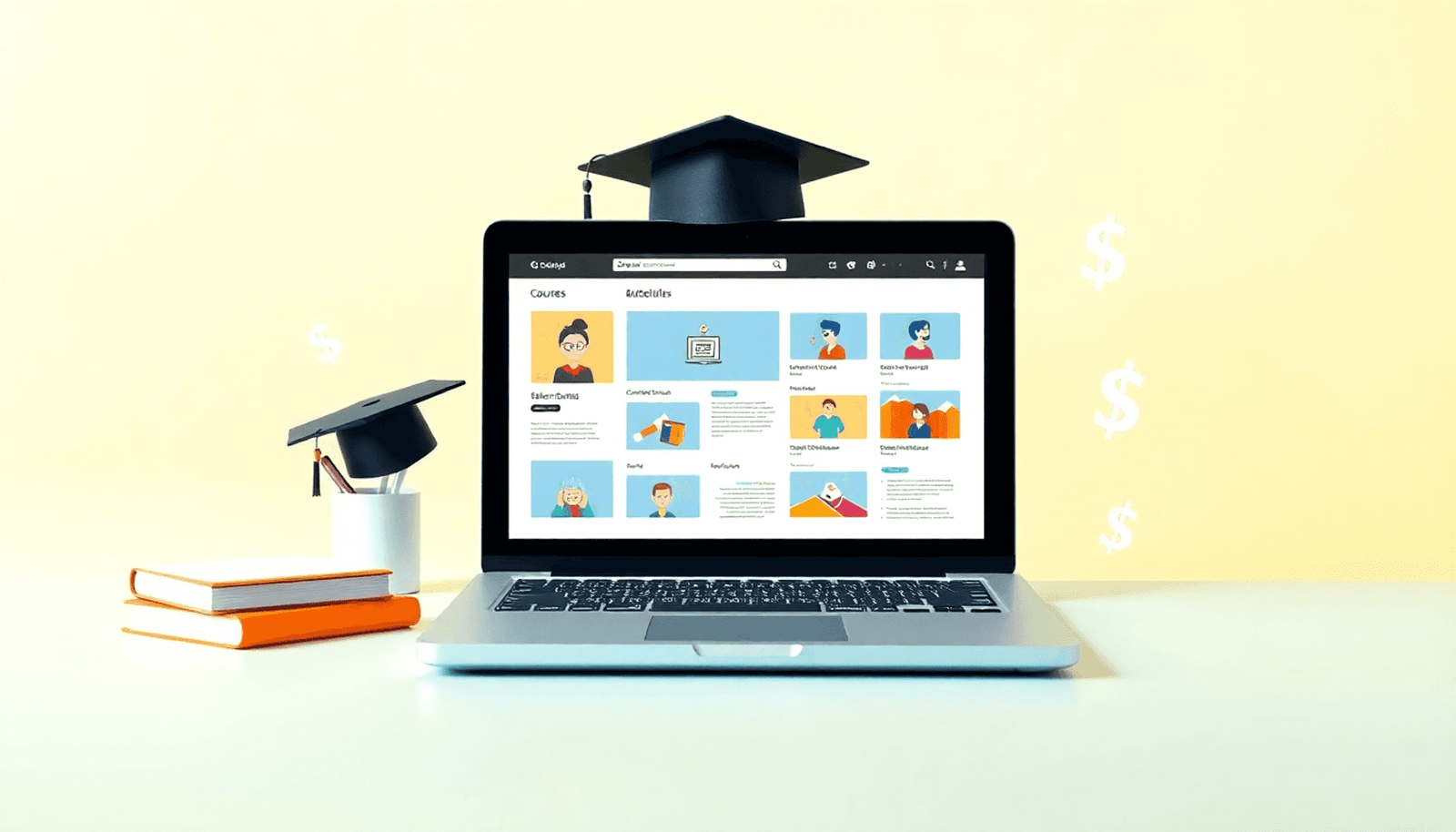 A laptop displaying educational materials, surrounded by books, a graduation cap, and dollar signs on a bright background, symbolizing online learning and growt