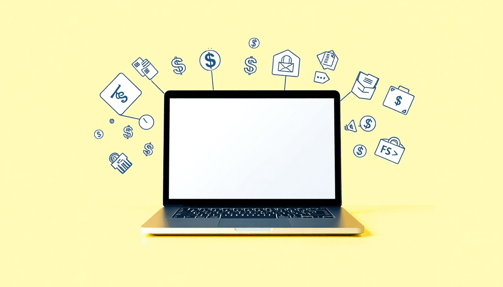 A minimalist image of a laptop surrounded by symbols of online income, such as dollar signs and dropshipping icons, set against a bright and inviting background