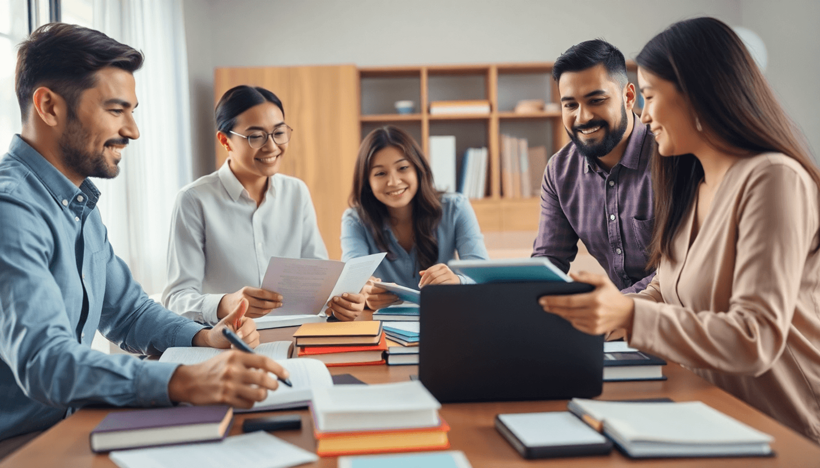 A diverse group of people collaborating around a table with books, notes, and digital devices, conveying enthusiasm for learning in a minimalist style.