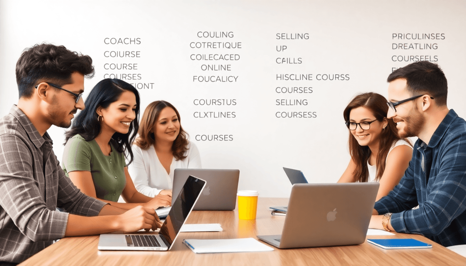 A diverse group of coaches collaborating at a table with laptops and notebooks, brainstorming ideas for online courses, surrounded by motivational quotes in a m