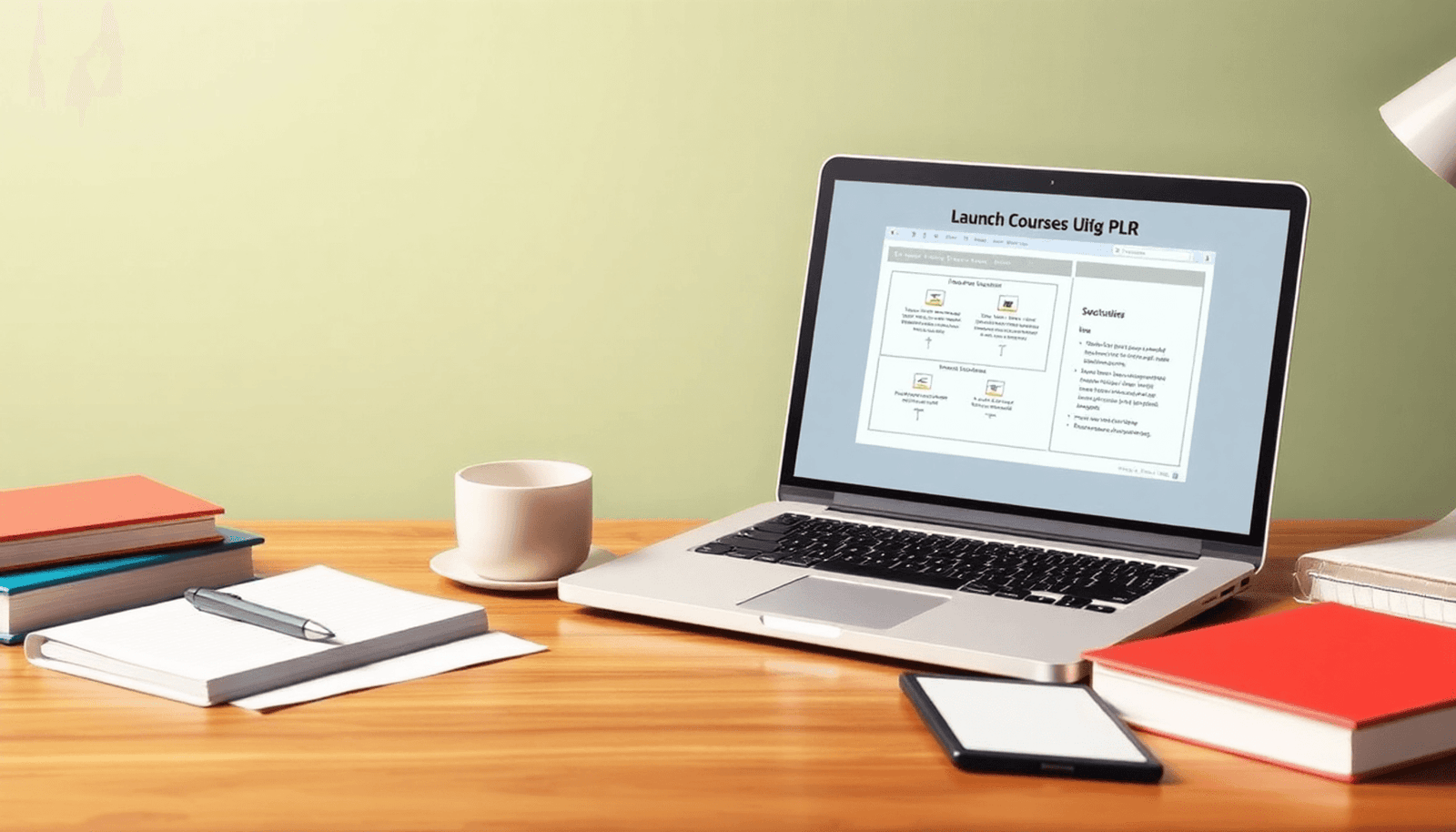 A laptop on a desk surrounded by books, notebooks, a coffee cup, and a pen, showcasing an online learning environment with a course outline on the screen.