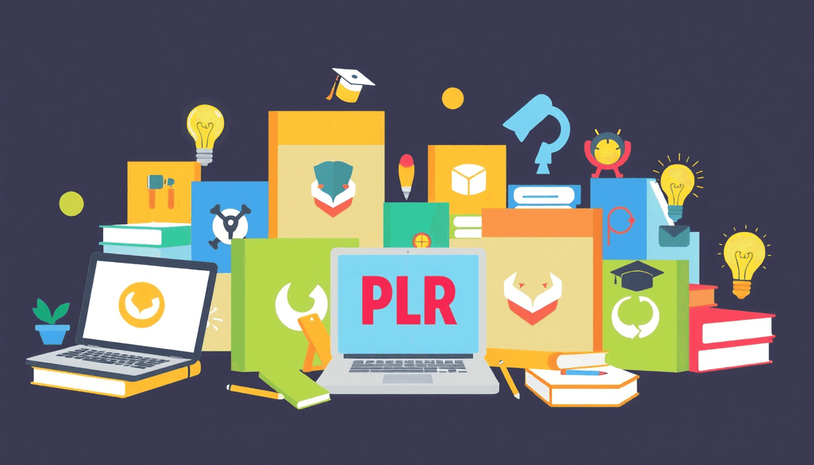 A vibrant collection of digital course icons, featuring laptops, notebooks, graduation caps, and lightbulbs, symbolizing PLR products in a minimalist style.