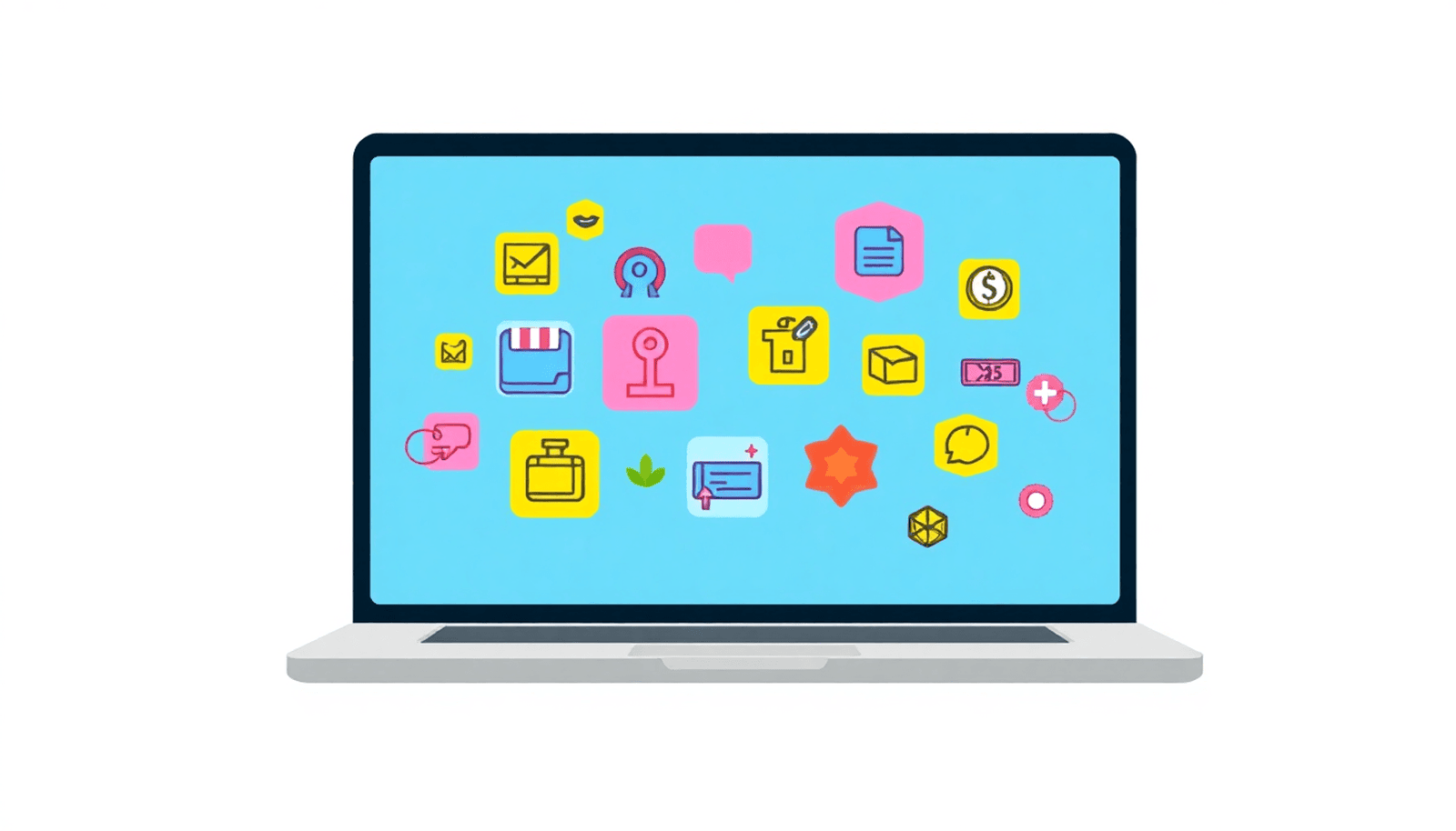 A minimalist illustration of a laptop surrounded by colorful icons for online income streams, set against a bright, inviting background.
