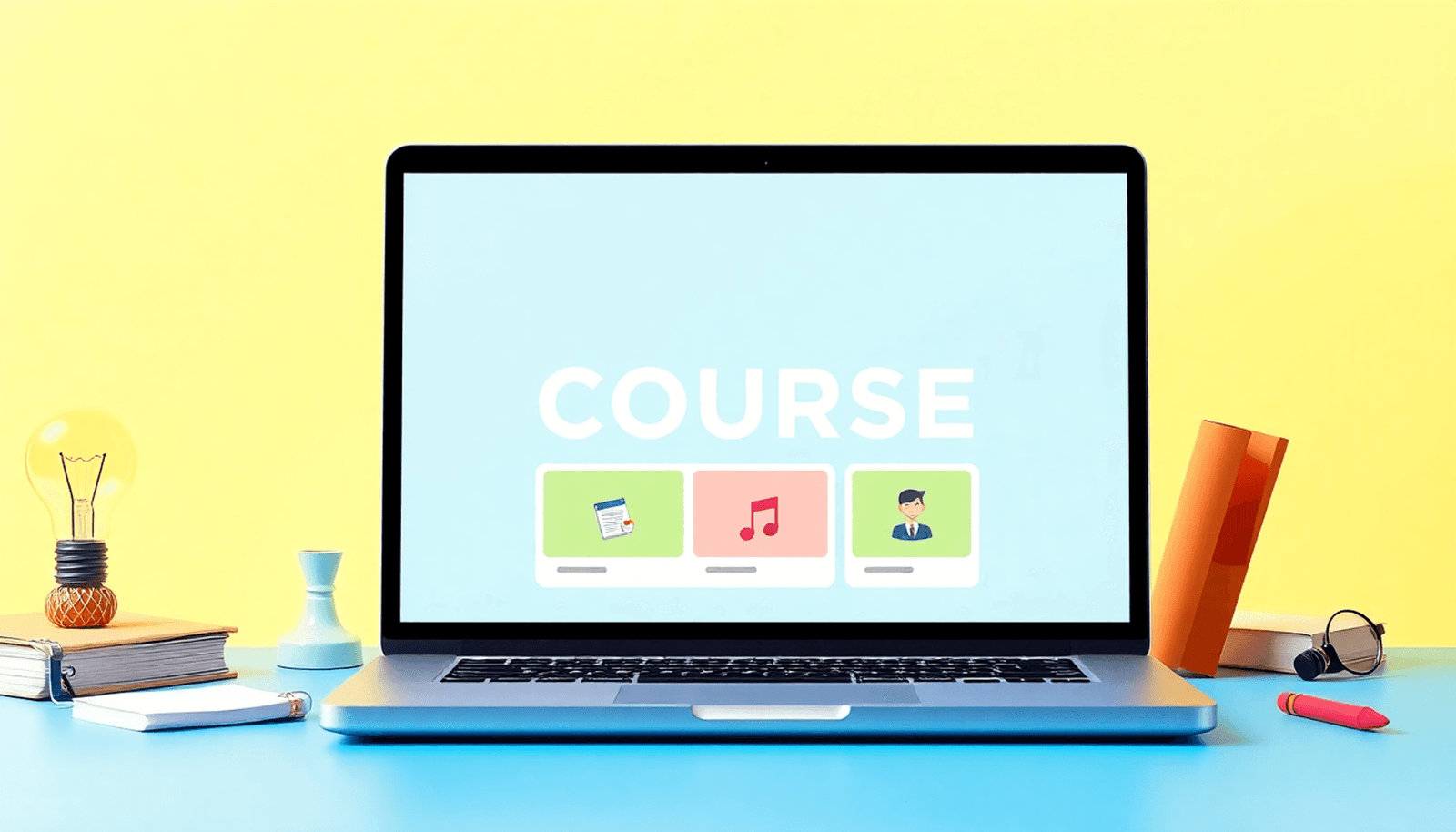 A laptop showing an online course platform, surrounded by books, a light bulb, and a notepad, all set against a bright, inviting background.