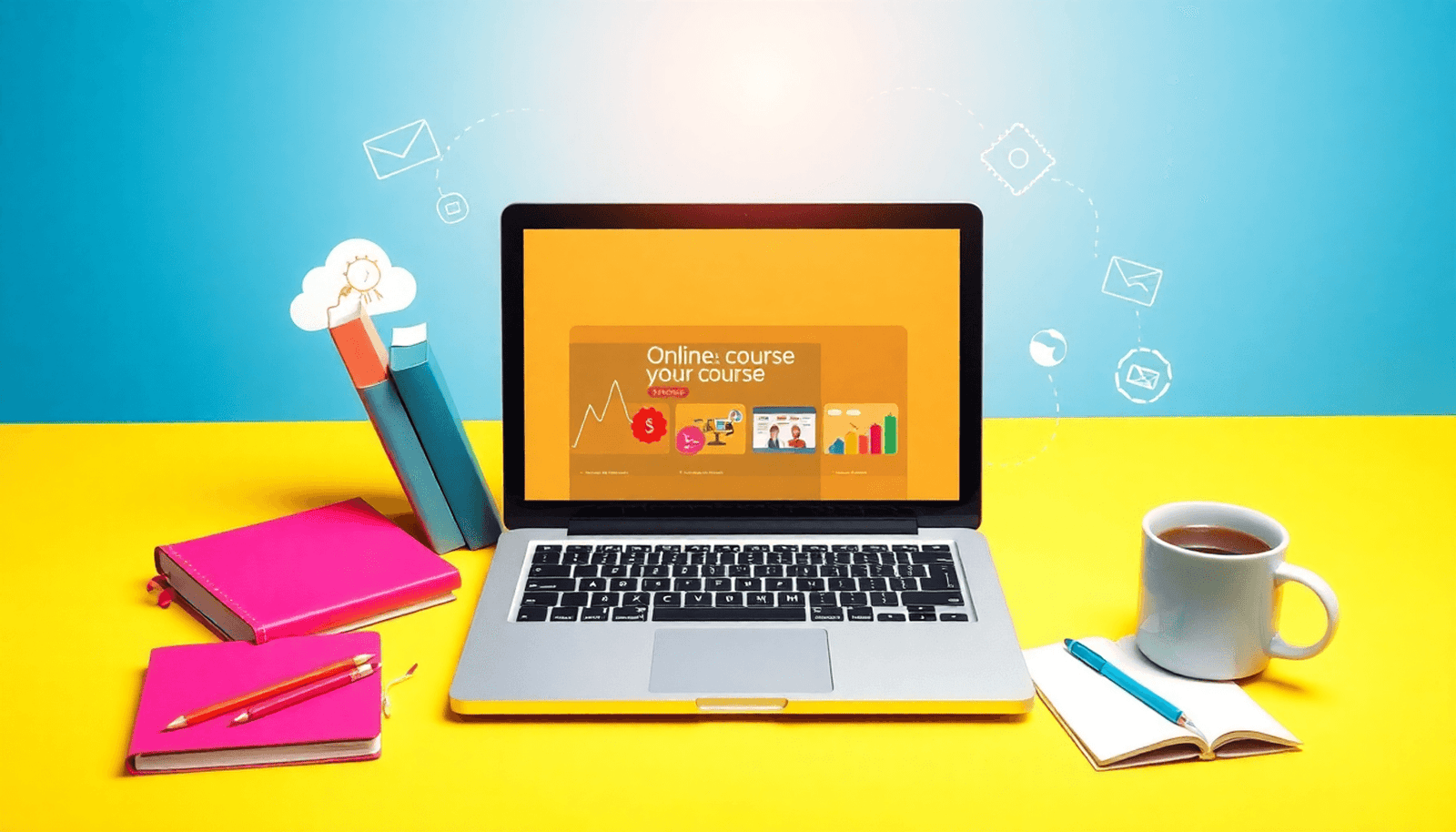 A laptop displaying an online course platform, surrounded by colorful books, notebooks, and a coffee cup, set against a bright background symbolizing digital le