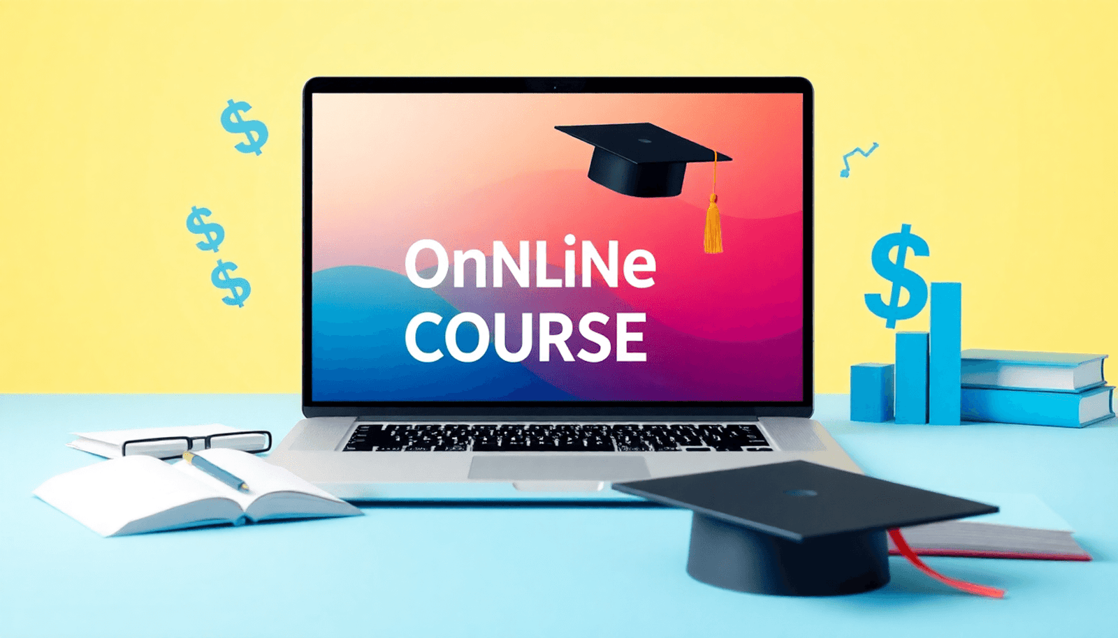 A laptop showing an online course platform, surrounded by books, a graduation cap, and marketing symbols like dollar signs and graphs, set against a bright, inv