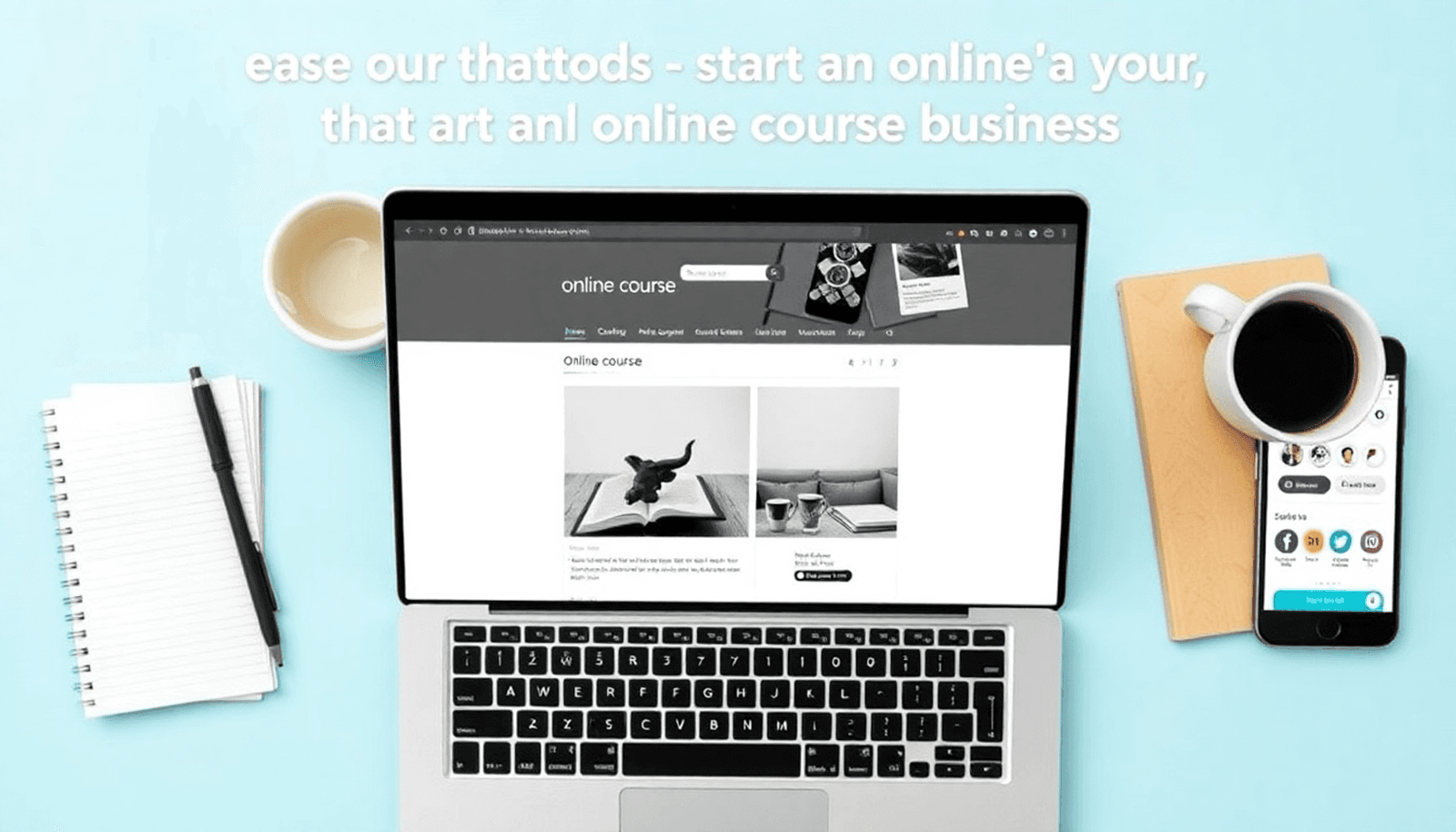 A bright flat lay featuring an open laptop on an online course platform, surrounded by notebooks, a coffee cup, and a smartphone with social media notifications