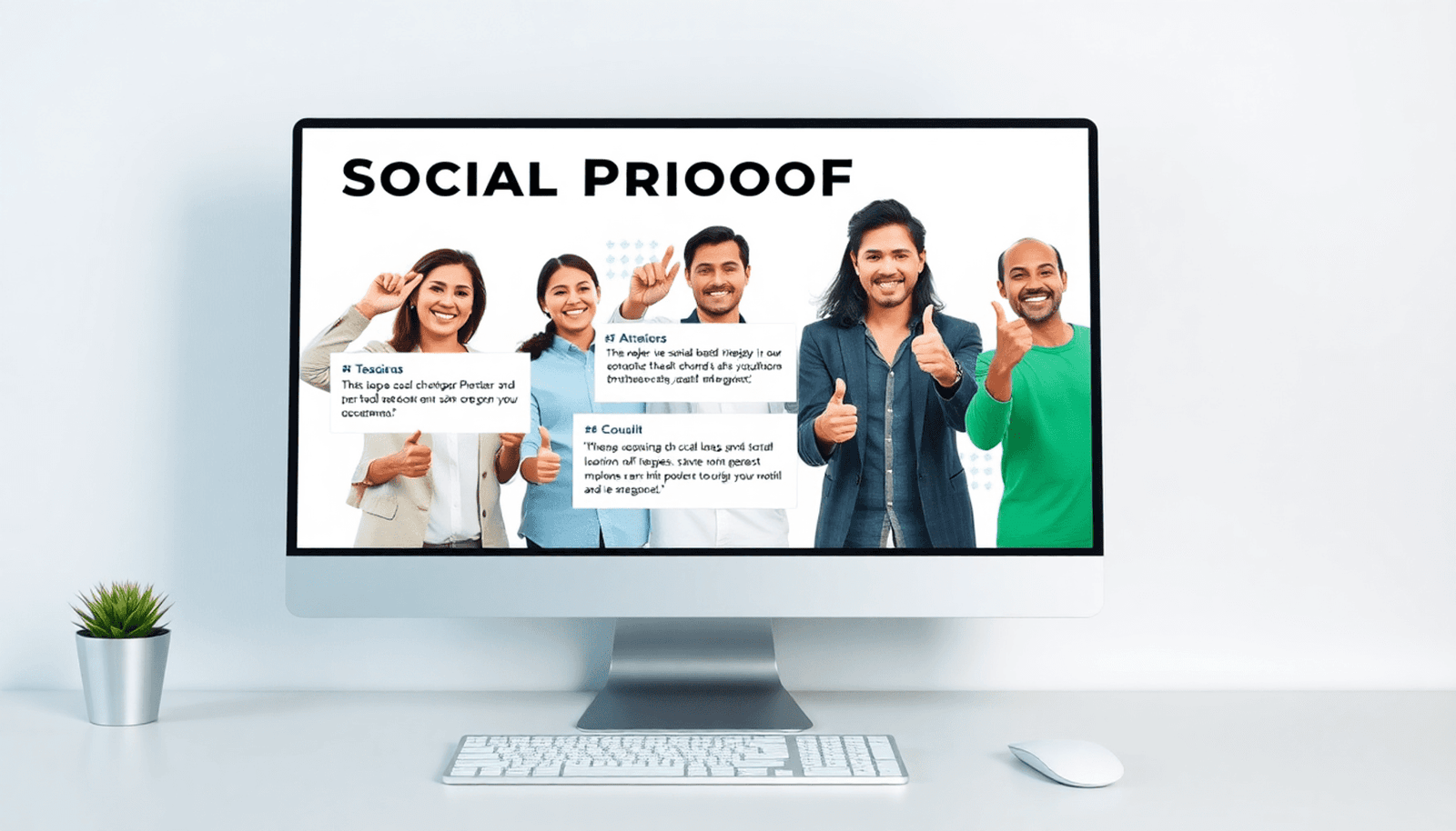 A computer screen displaying glowing testimonials with satisfied customers giving thumbs up and smiling, symbolizing trust in digital learning platforms. Minima