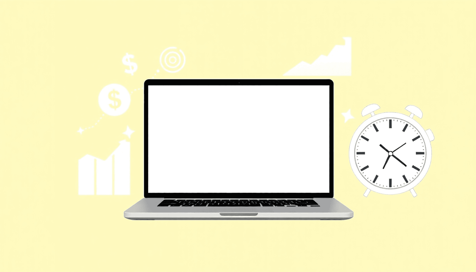A laptop showing an online course platform, surrounded by dollar signs, growth graphs, and a clock, all set against a bright, inviting minimalist background.