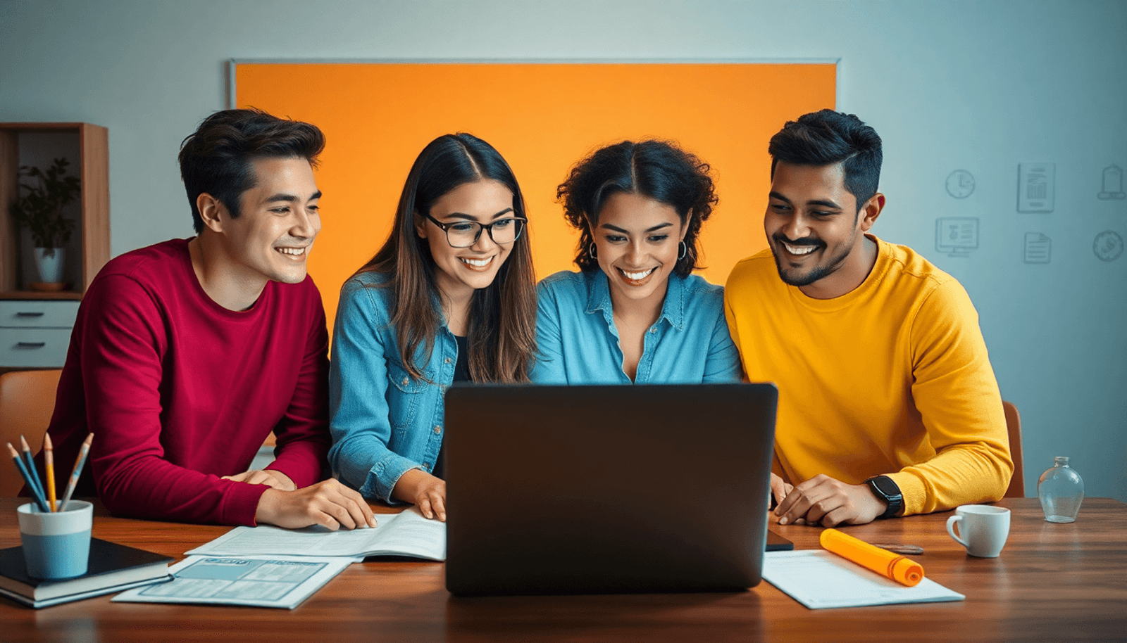 A diverse group of individuals collaborating around a laptop, surrounded by educational materials and digital devices in a minimalist online learning environmen