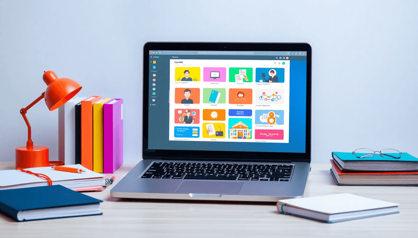 A laptop on a desk surrounded by books and notebooks, with a colorful screen displaying course topics, in a bright and inspiring minimalist setting.