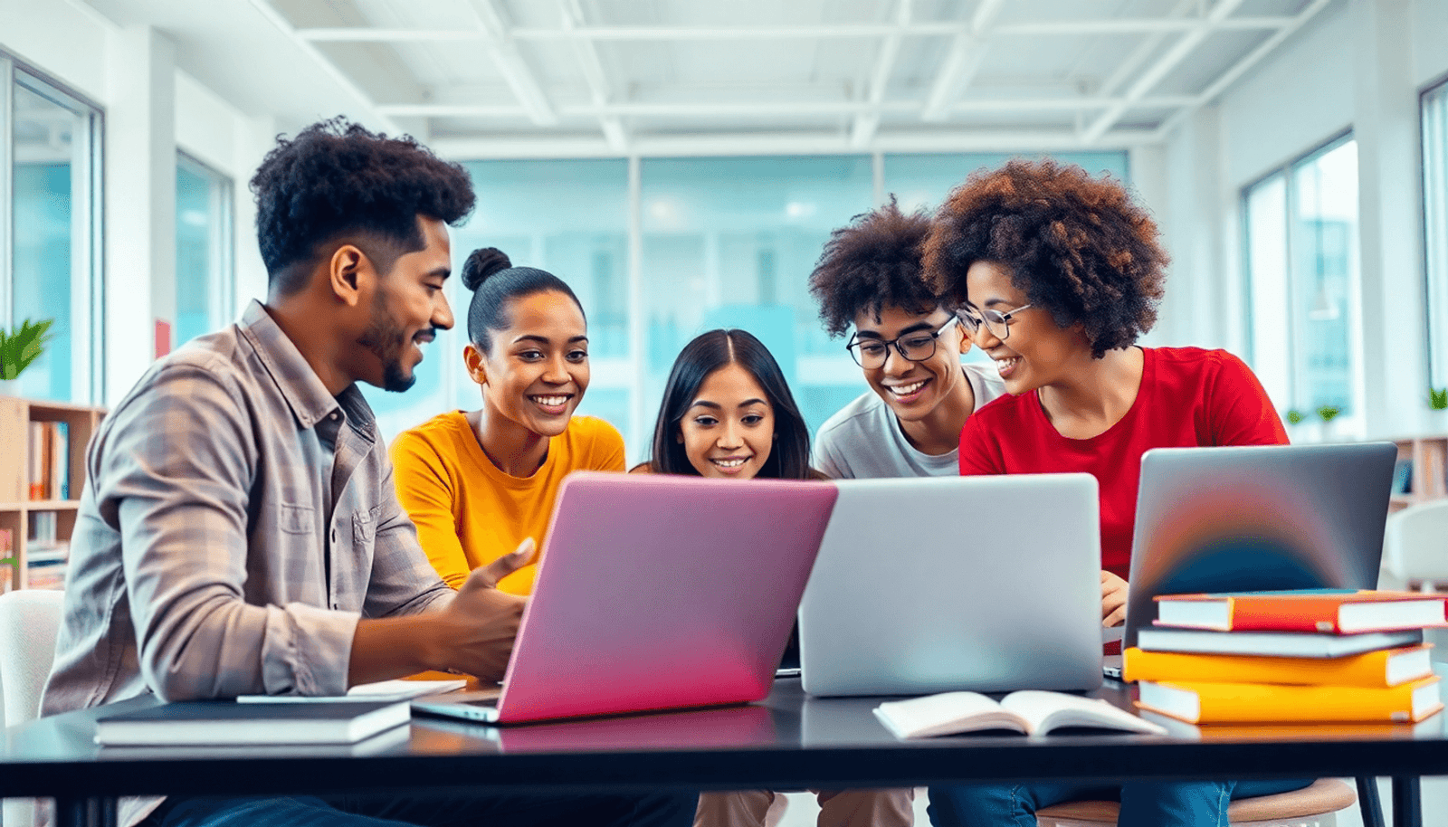 A diverse group of people collaborating on laptops in a bright, modern workspace, discussing ideas amidst books and digital devices, conveying innovation and ex