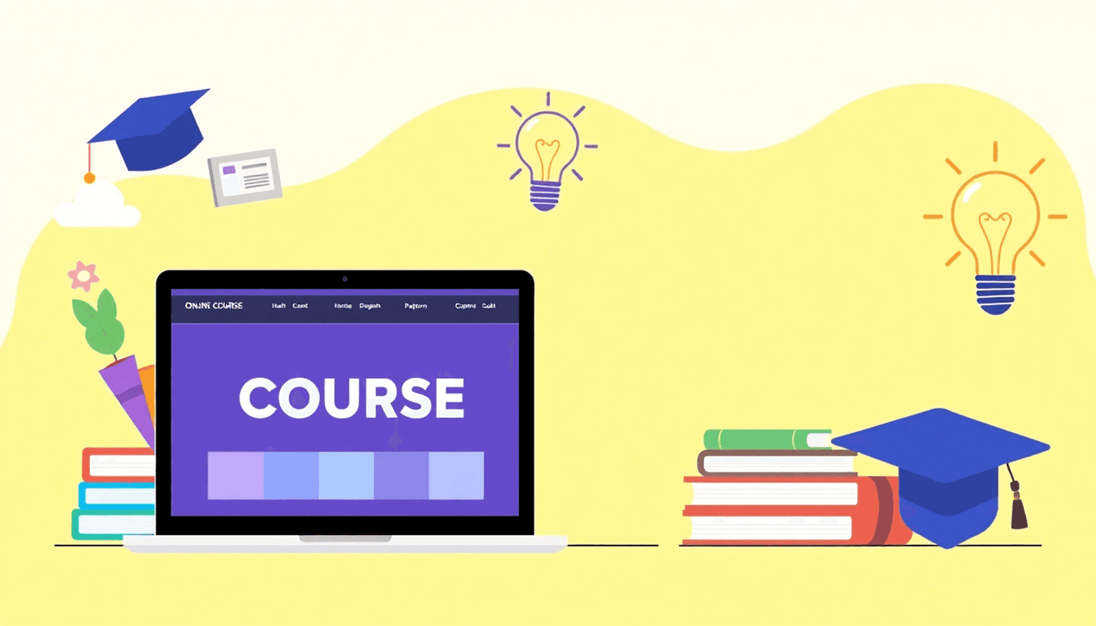 A minimalist graphic showing a laptop with an online course platform, surrounded by books, a graduation cap, and a light bulb, all in bright colors representing