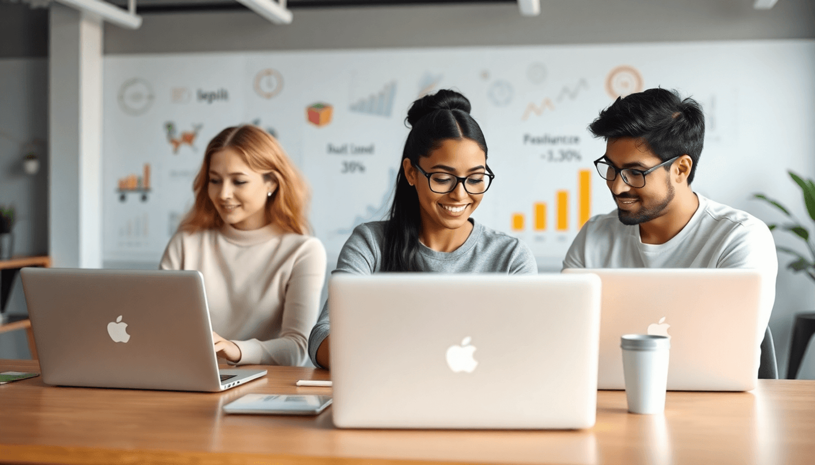A diverse group of individuals at a modern workspace, focused on laptops while engaging in an online course, with digital learning elements in the background.