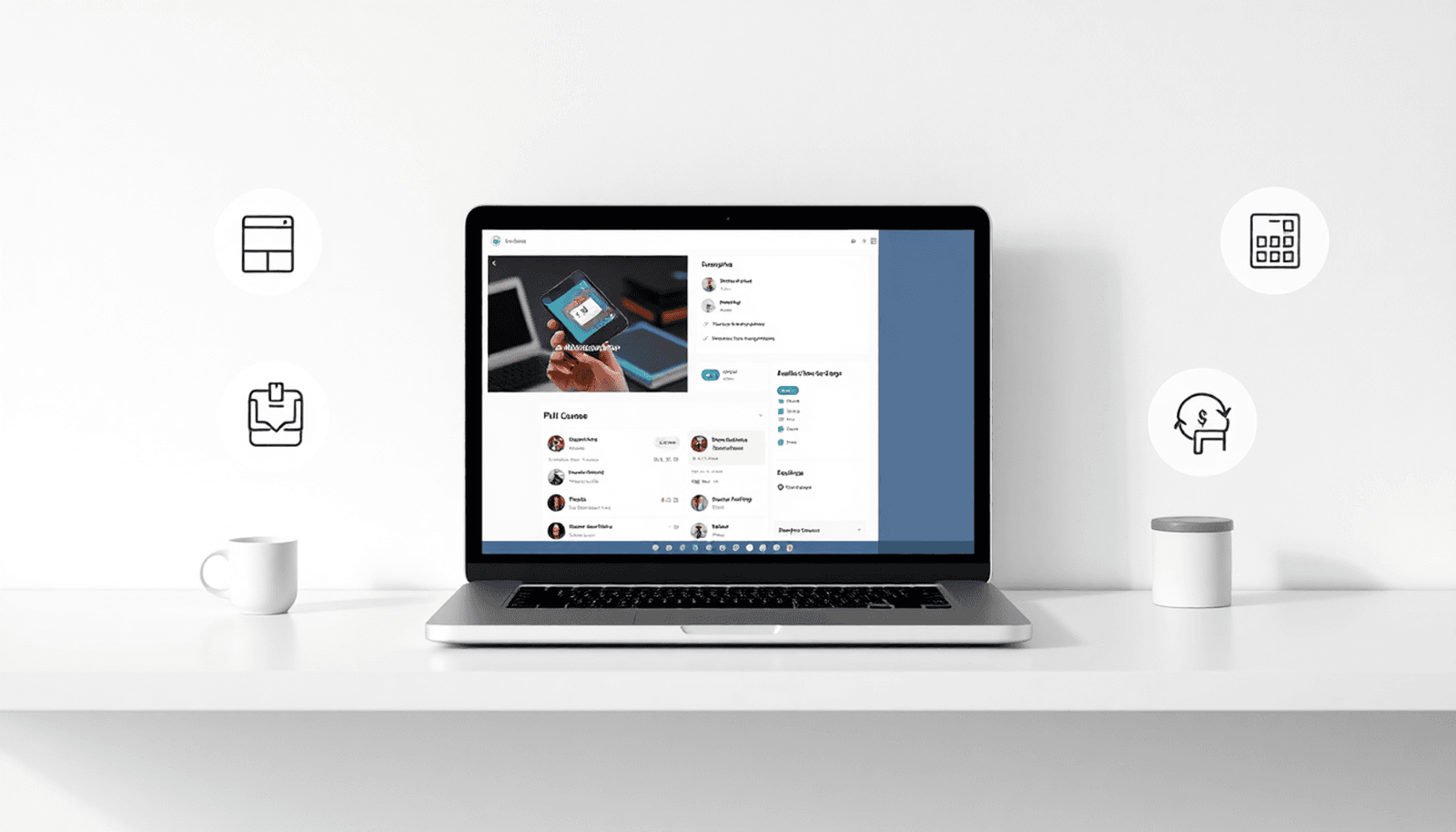 Minimalist workspace with laptop showing online course dashboard, surrounded by icons for customization, branding, and sales illustrating digital course reselli