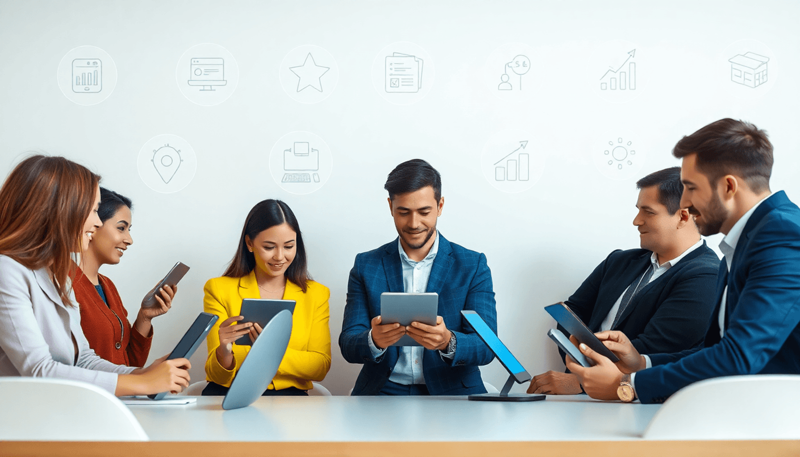 Employees using digital devices for e-learning, surrounded by icons of courses, programming, negotiation, and business growth on a clean background.