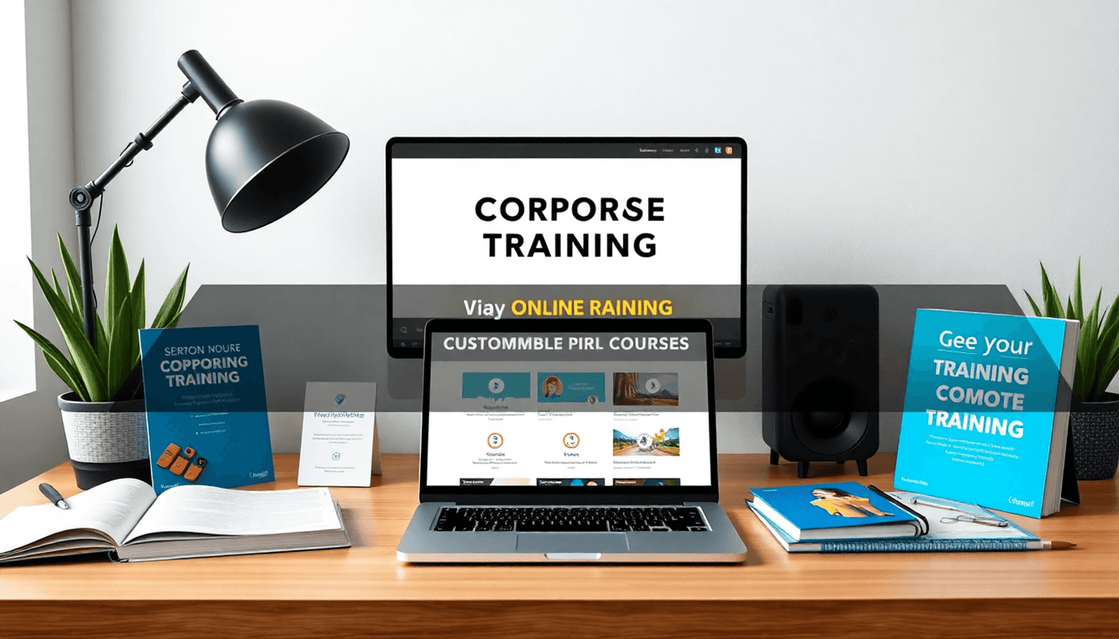 Modern home office with laptop showing online training, surrounded by digital learning materials in a minimalist style.