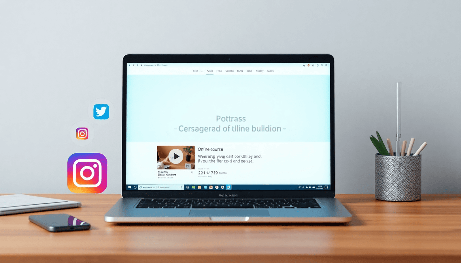 Minimalist workspace with laptop showing online course, surrounded by Instagram, Facebook, and Twitter icons representing digital education engagement.