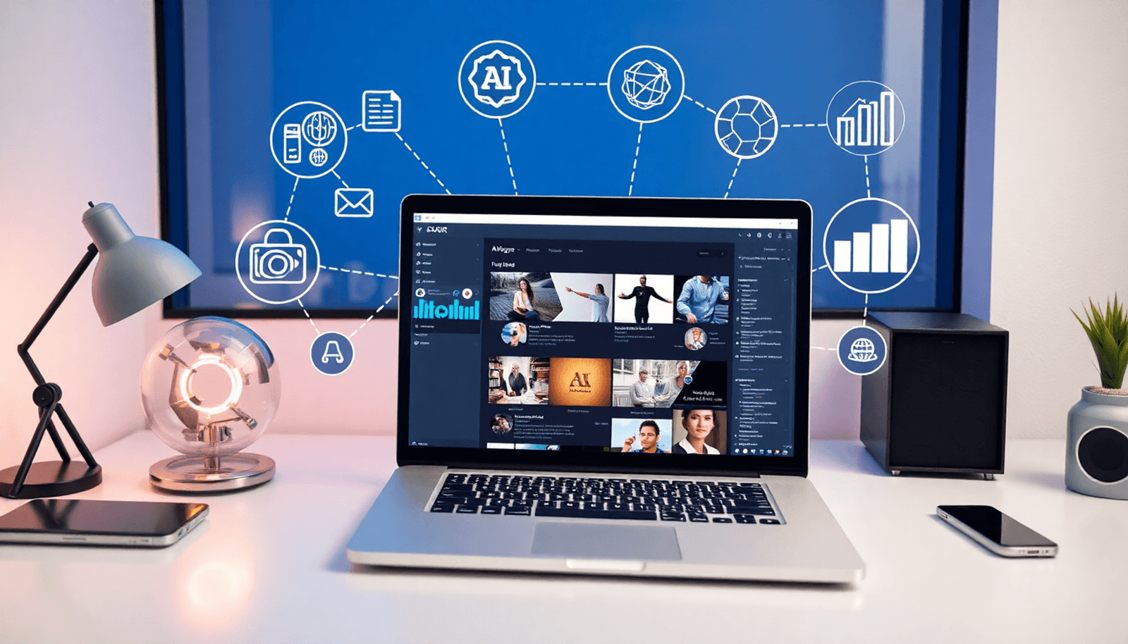 Minimalist digital workspace with laptop showing AI content, surrounded by icons of automation, creativity, and data analysis.