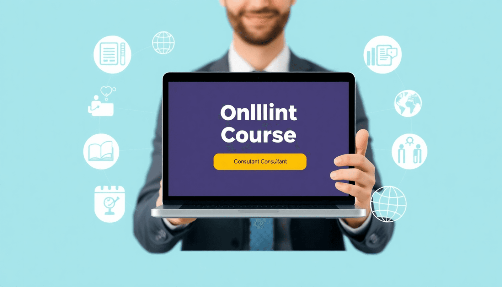 Consultant presenting an online course on a laptop, surrounded by icons of education, growth, and global business in a bright, minimalist design.