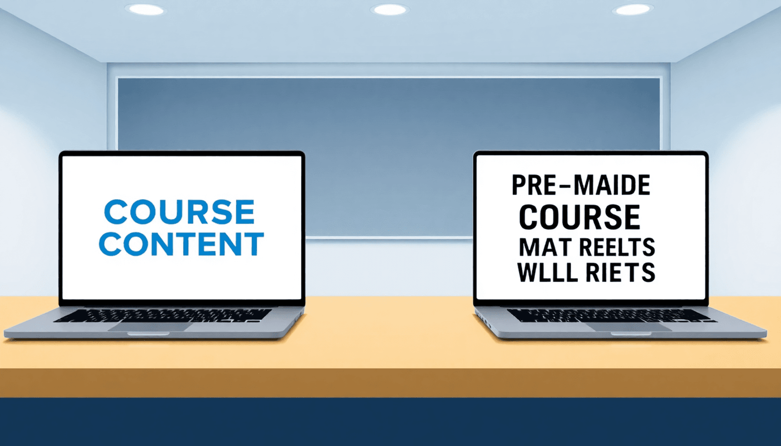 Modern digital classroom with laptop showing AI-generated content and printed course materials, bright minimalist design with education and tech icons.